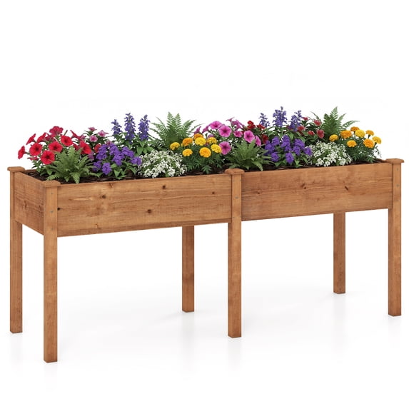 Costway Outdoor Raised Garden Bed with Legs 73x23x30in Wood Planter Box with Divider Panel Brown