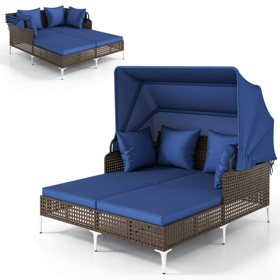 Costway Outdoor Rattan Double Daybed with  Retractable Canopy & Seat Back Cushions