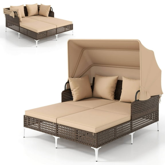 Costway Outdoor Rattan Double Daybed with  Retractable Canopy & Seat Back Cushions