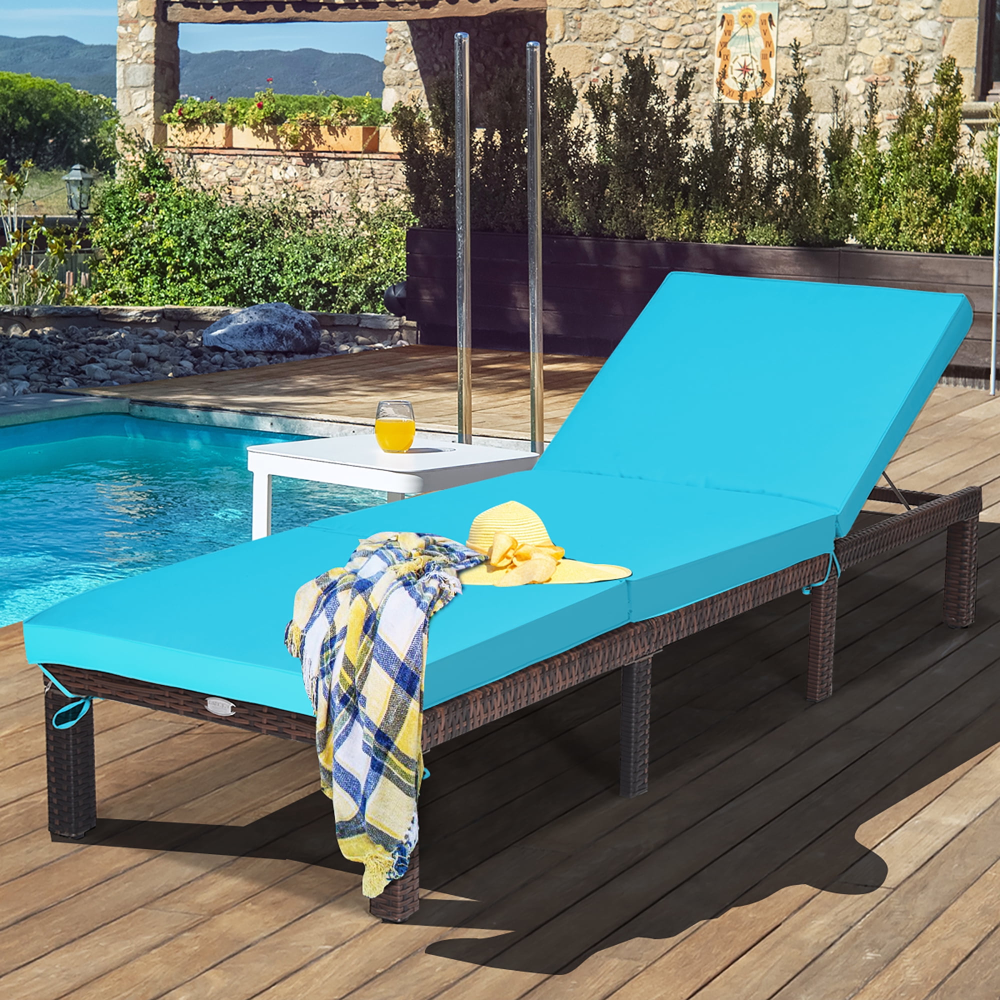 Costway Outdoor Patio Lounge Chair Chaise Fabric Adjustable Reclining  Armrest Pool Brown