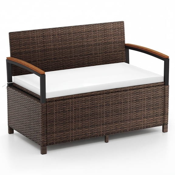 Costway Outdoor Storage Bench with Cushion Backrest & Acacia Wood Armrests Hidden Storage Mix Brown + Off-White