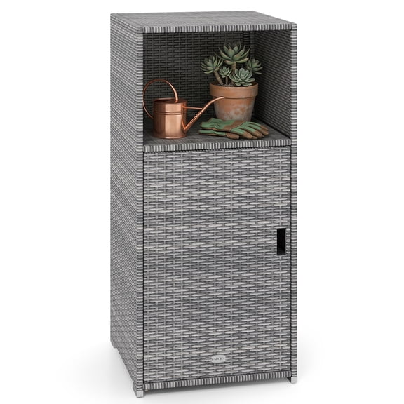 Costway Outdoor Storage Cabinet PE Wicker Buffet Sideboard with Shelf Open & Compartment Gray