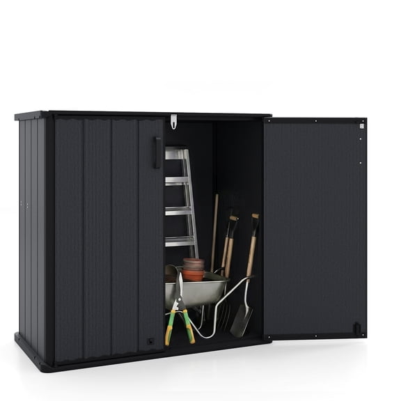 Costway Outdoor Storage Shed, 23.5 Cu.ft All-Weather Storage Box with Floor, Lockable Door Black