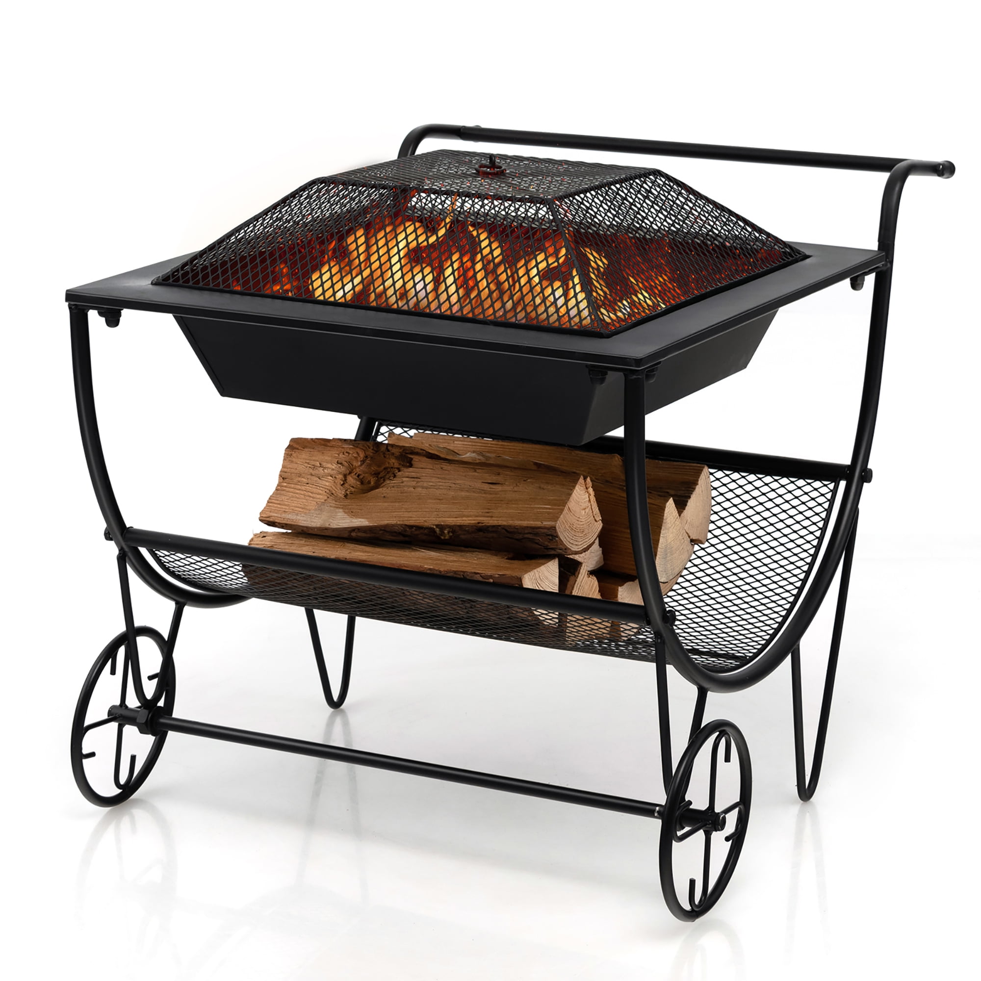 Black Steel Free-standing Outdoor Fire Pit with Log Storage Rack