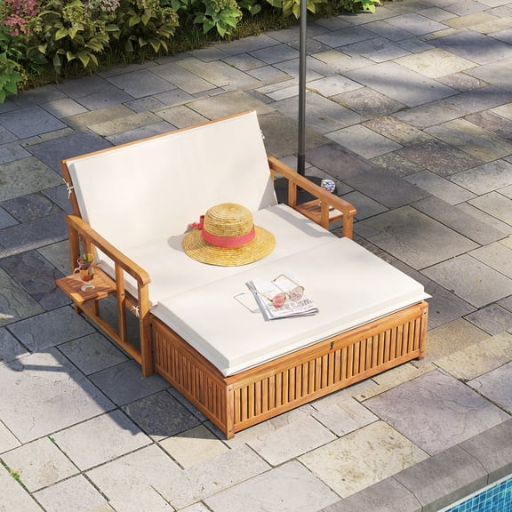 Costway Outdoor Wooden Daybed with 4-Level Backrest & Removable Cushions for Poolside