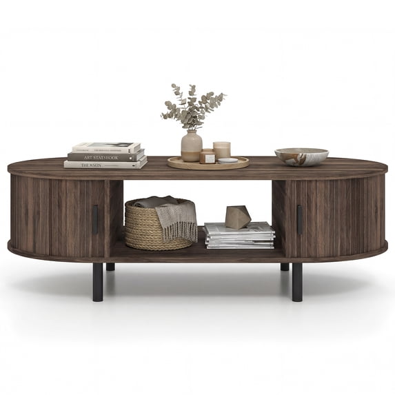 Costway Oval Coffee Table, 47.5” Wooden Center Table with Storage, Sliding Tambour Doors Walnut