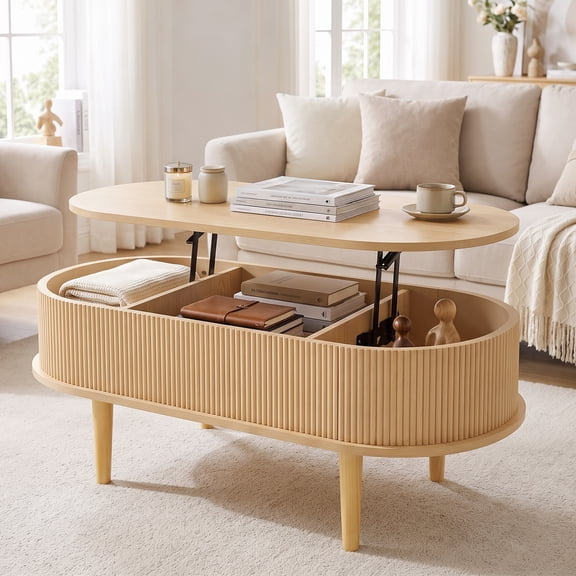 Costway Oval Lift Top Coffee Table with Storage, Fluted Design & Raised Wood Feet for Home Natural