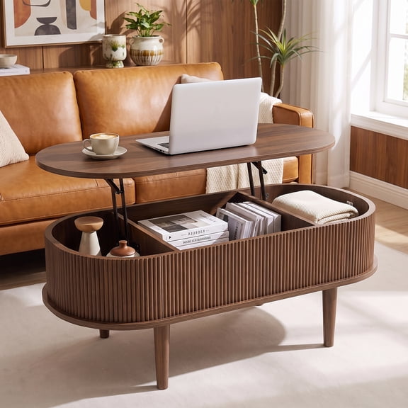 Costway Oval Lift Top Coffee Table with Storage, Fluted Design & Raised Wood Feet for Home Walnut