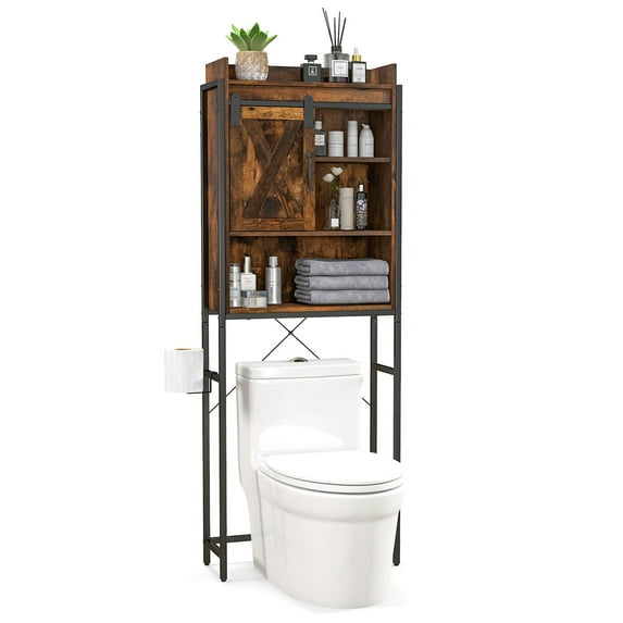 Costway Over-The-Toilet Storage Cabinet Bathroom Organizer w/ Sliding Barn Door Rustic