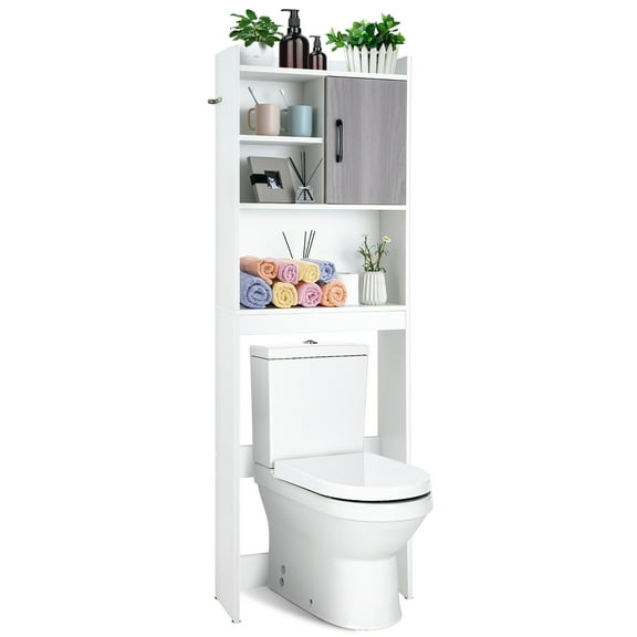 Costway Over The Toilet Storage Cabinet Bathroom Space Saver w/ Open Shelves & Door