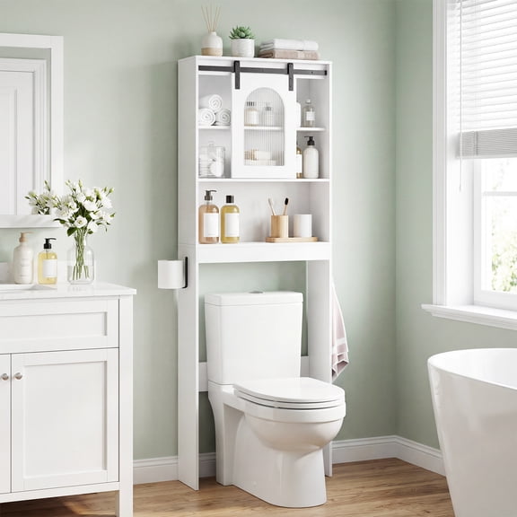 Costway Over Toilet Storage Cabinet with Sliding Barn Door Toilet Paper Holder Open Shelves White