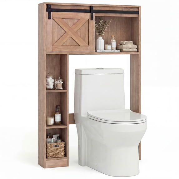 Costway Over the Toilet Bathroom Storage Cabinet with Sliding Barn Door Rustic Brown