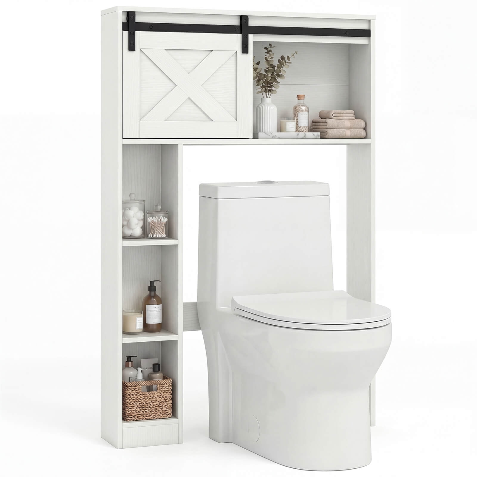 Costway Over the Toilet Bathroom Storage Cabinet with Sliding Barn Door & Shelves White