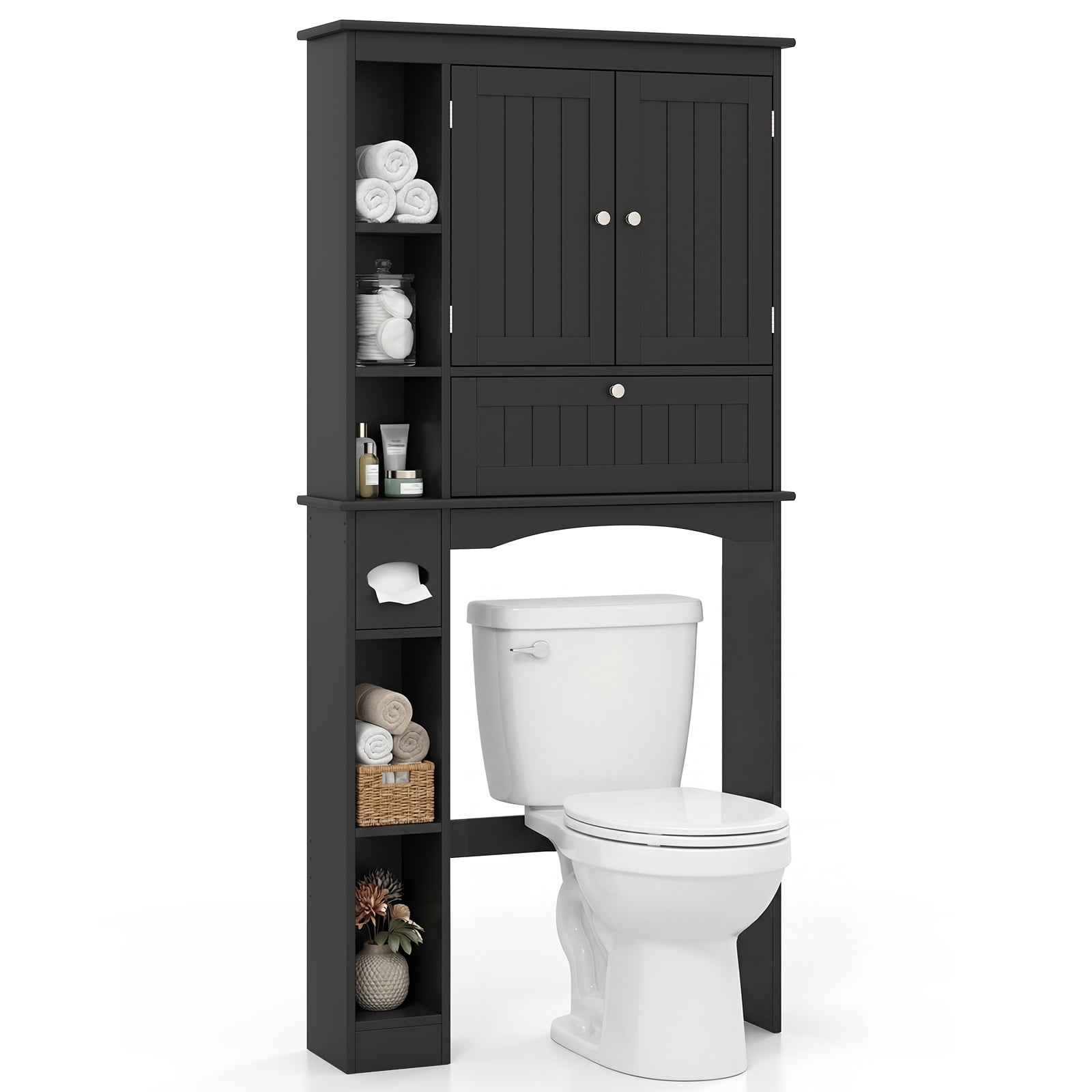 Costway Over the Toilet Storage Cabinet with 2 Doors, Adjustable Shelf & Bottom Bar, Black