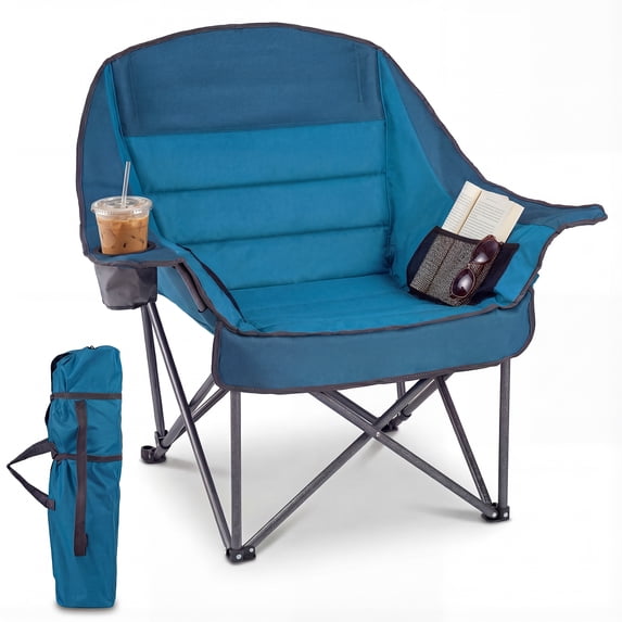 Costway Oversized Camping Chair, Folding Upholstered Oxford Chair with Side Pockets Blue