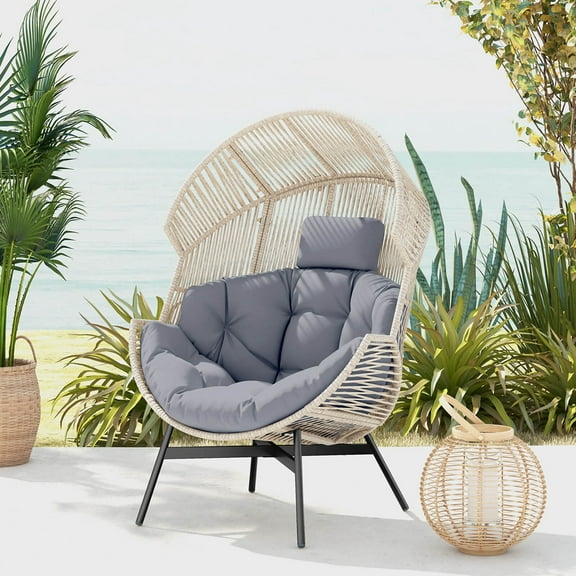 Costway Oversized Egg Style Chair with Cushions & Headrest Heavy-Duty Metal Frame for Yard Grey