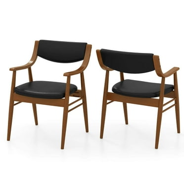 Costway PU Leather Dining Chair Set of 2 with Padded Seat & Back Armrests Rubber Wood Frame Black
