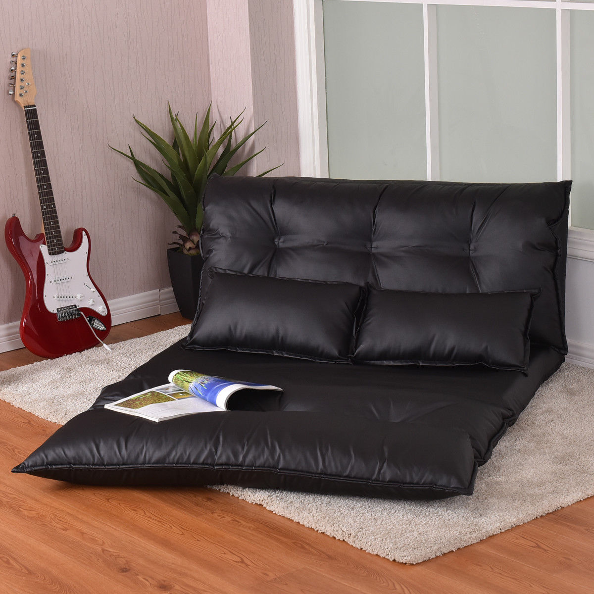 Costway PU Leather Foldable Modern Leisure Floor Sofa Bed Video Gaming 2 Pillows Black - image 1 of 7