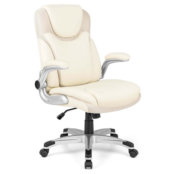 Costway PU Leather Swivel Office Desk Chair with Flip Up Armrest, Beige