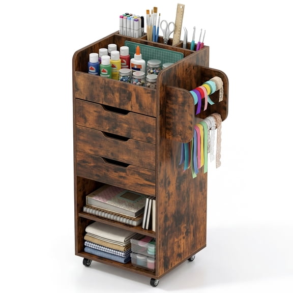 Costway Paper Storage Cart, Rolling Gift Wrap Station with 3 Drawers & Adjustable Shelf Rustic Brown