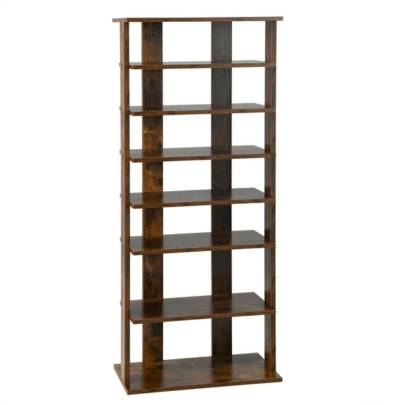 Costway Patented 7-Tier Double Rows Shoe Rack Vertical Wooden Shoe Storage Organizer Rustic Brown