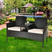 Costway Patented Patio Rattan Conversation Set Loveseat Sofa Cushioned Coffee Table Mix Brown