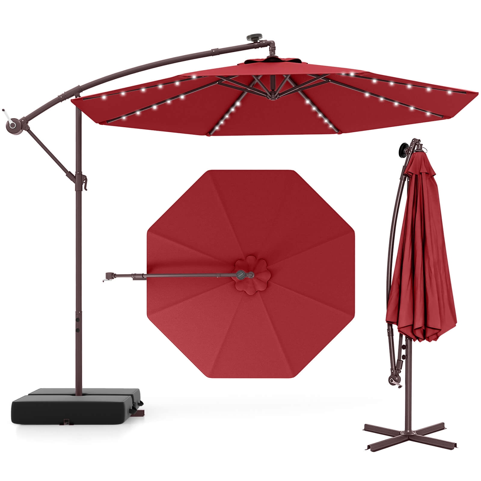Costway Patio 10FT Hanging Offset Umbrella 32 LED Lights Sand Bag Outdoor Cross Base Wine