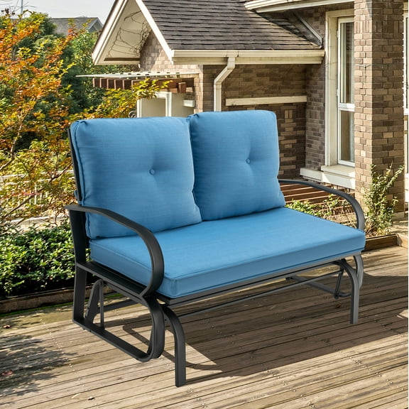 Costway Patio 2-Person Glider Bench Rocking Loveseat Cushioned Armrest Blue