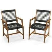 Costway Patio 2pcs Acacia Wood Dining Chairs All-Weather Rope Woven Armchairs Outdoor