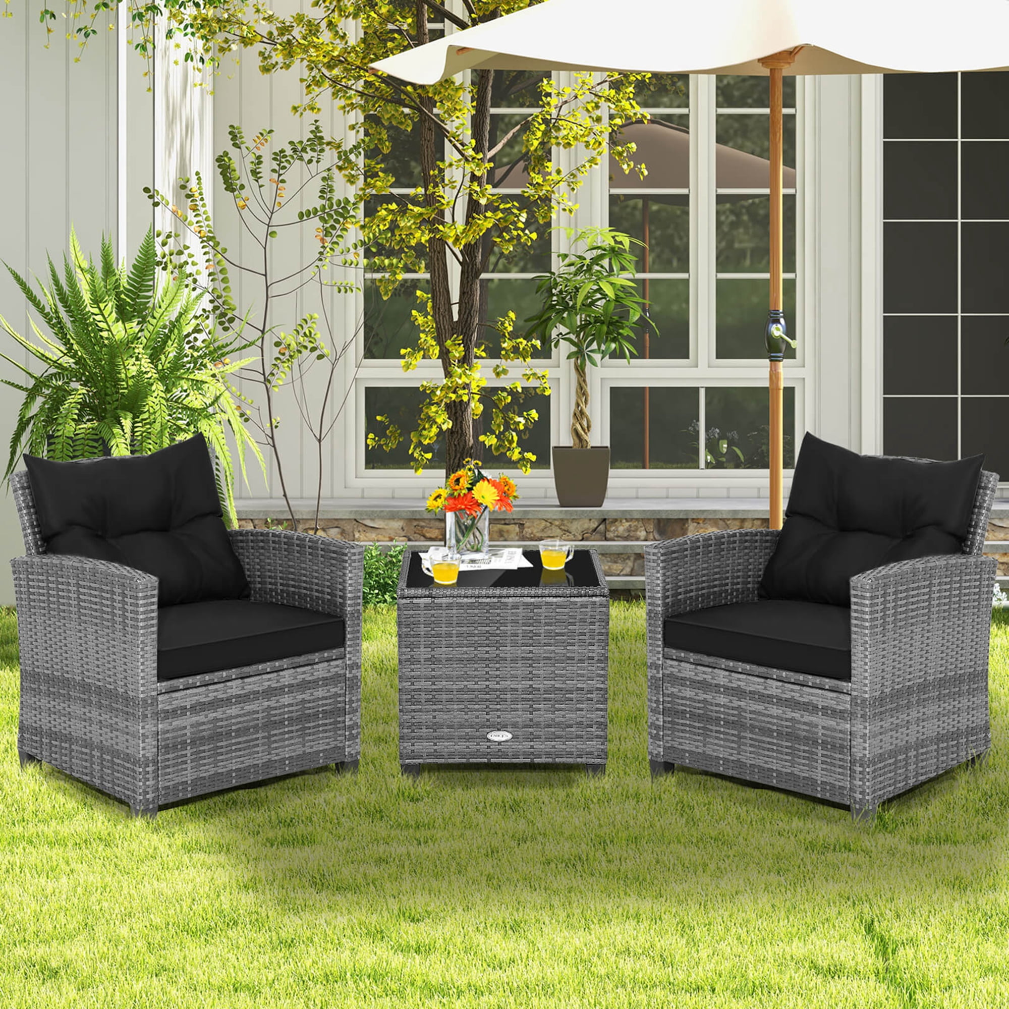 Costway Patio 3-Piece Rattan Bistro Set with Cushioned Sofas, Side Table, and Armrests, Black