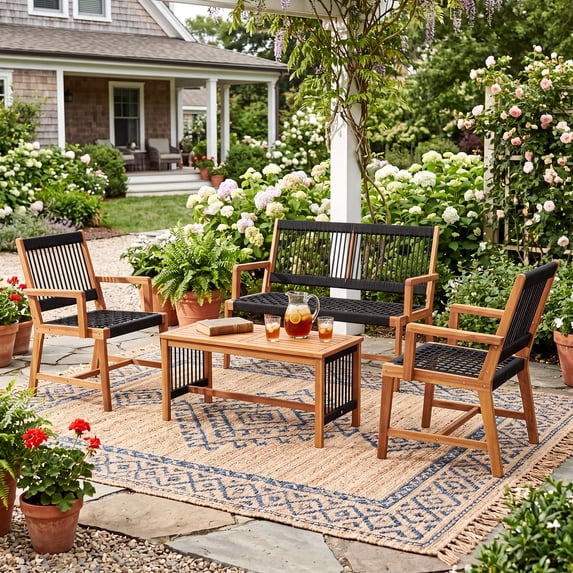 Costway Patio 4pcs Acacia Wood Conversation Table & Chair Set Hand-Woven Rope Outdoor