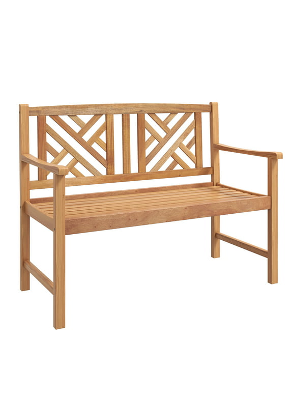 Costway Patio Acacia Wood 2-Person Slatted Bench Outdoor Loveseat Chair Garden Natural