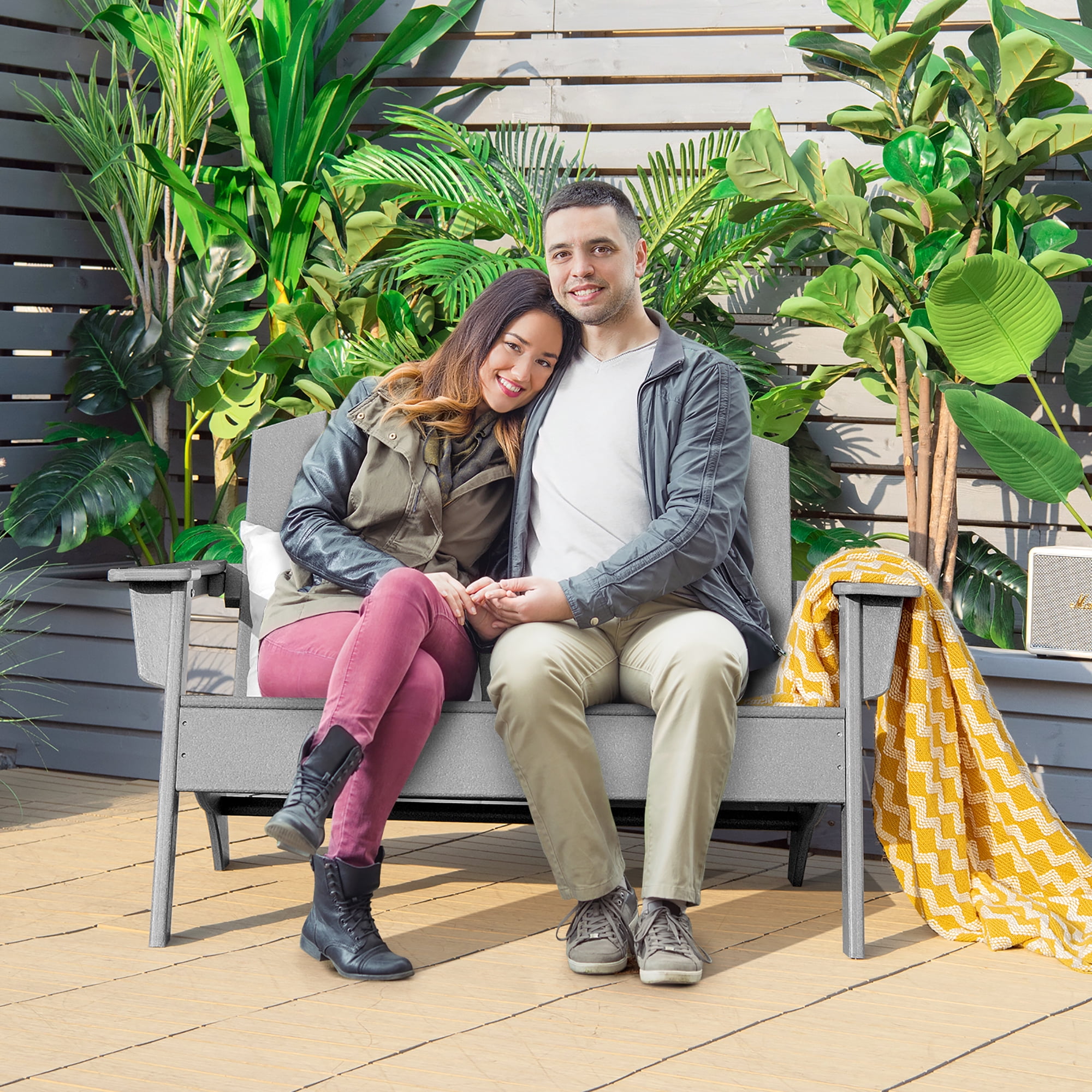 Costway  Patio Adirondack Chair Loveseat Bench HDPE Weather Resistant Deck Grey