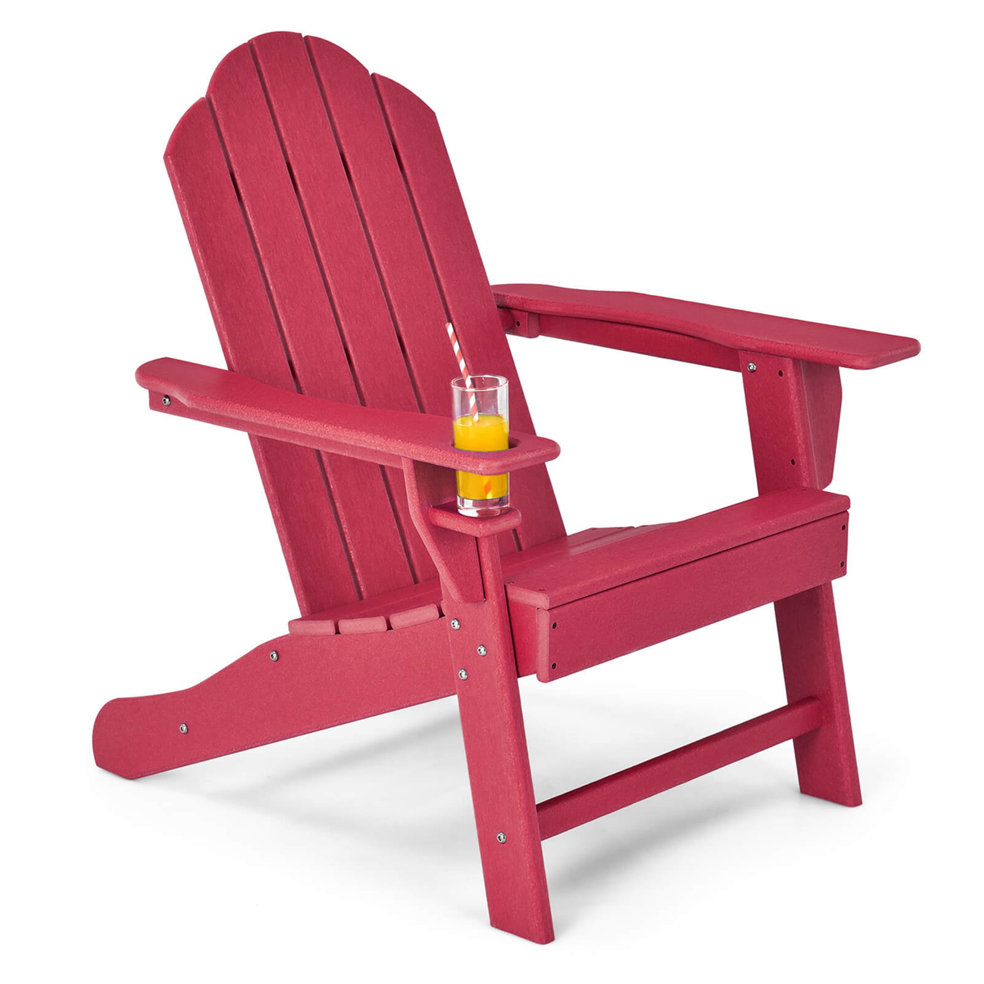 Costway Patio Adirondack Chair Weather Resistant Garden Deck with Cup Holder Red