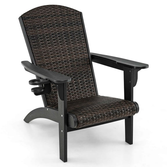 Costway Patio Adirondack Chair with Rattan Padded Seat Wide Armrests & Hidden Cupholder Black