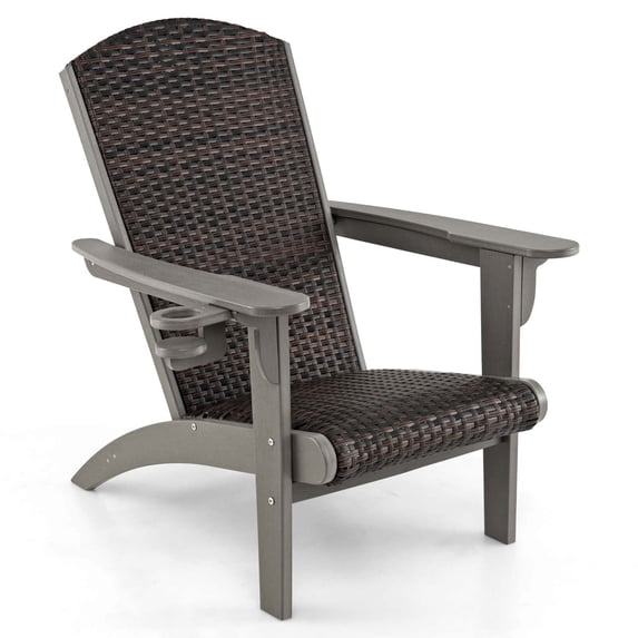 Costway Patio Adirondack Chair with Rattan Padded Seat Wide Armrests & Hidden Cupholder Gray