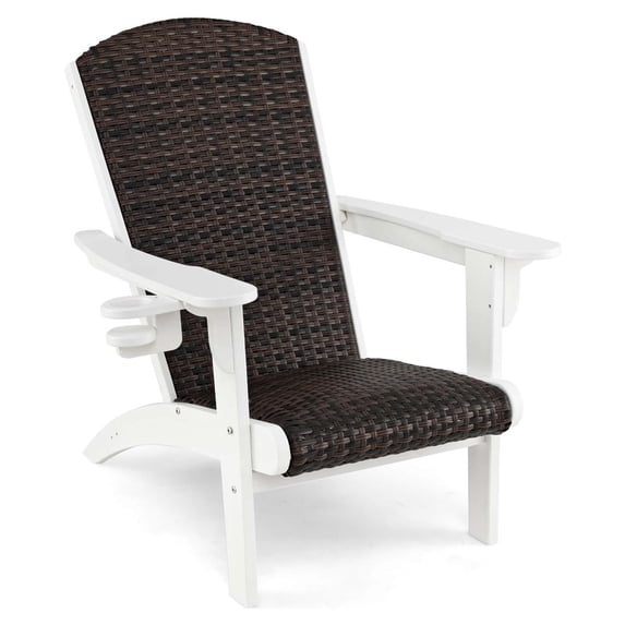 Costway Patio Adirondack Chair with Rattan Padded Seat Wide Armrests & Hidden Cupholder White