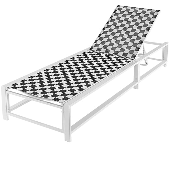 Costway Patio Adjustable Chaise Lounge Chair Outdoor Wheeled Recliner Sturdy Metal Black and White Grid