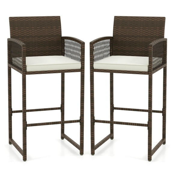 Costway Patio Bar Stools Set of 2 PE Rattan Bar Height Chairs with Backrests & Armrests