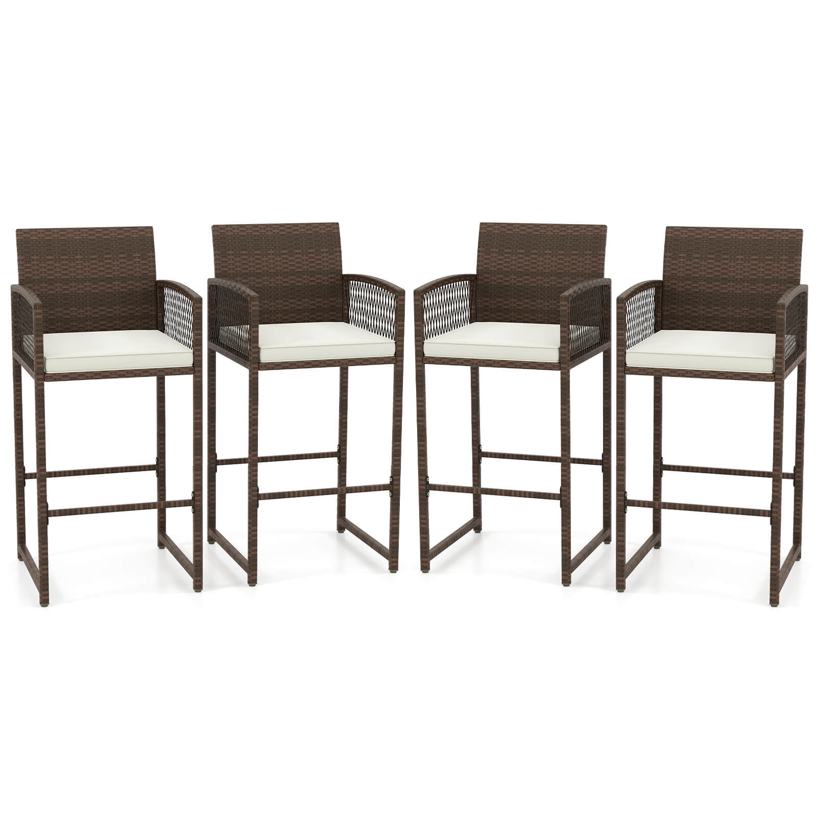 Costway Patio Bar Stools Set of 4 PE Rattan Bar Height Chairs with Backrests & Armrests
