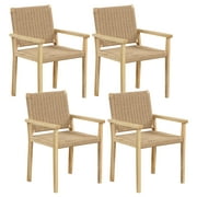 Costway Patio Chair Set of 4 Rubber Wood Dining Armchairs Paper Rope Woven Seat Balcony