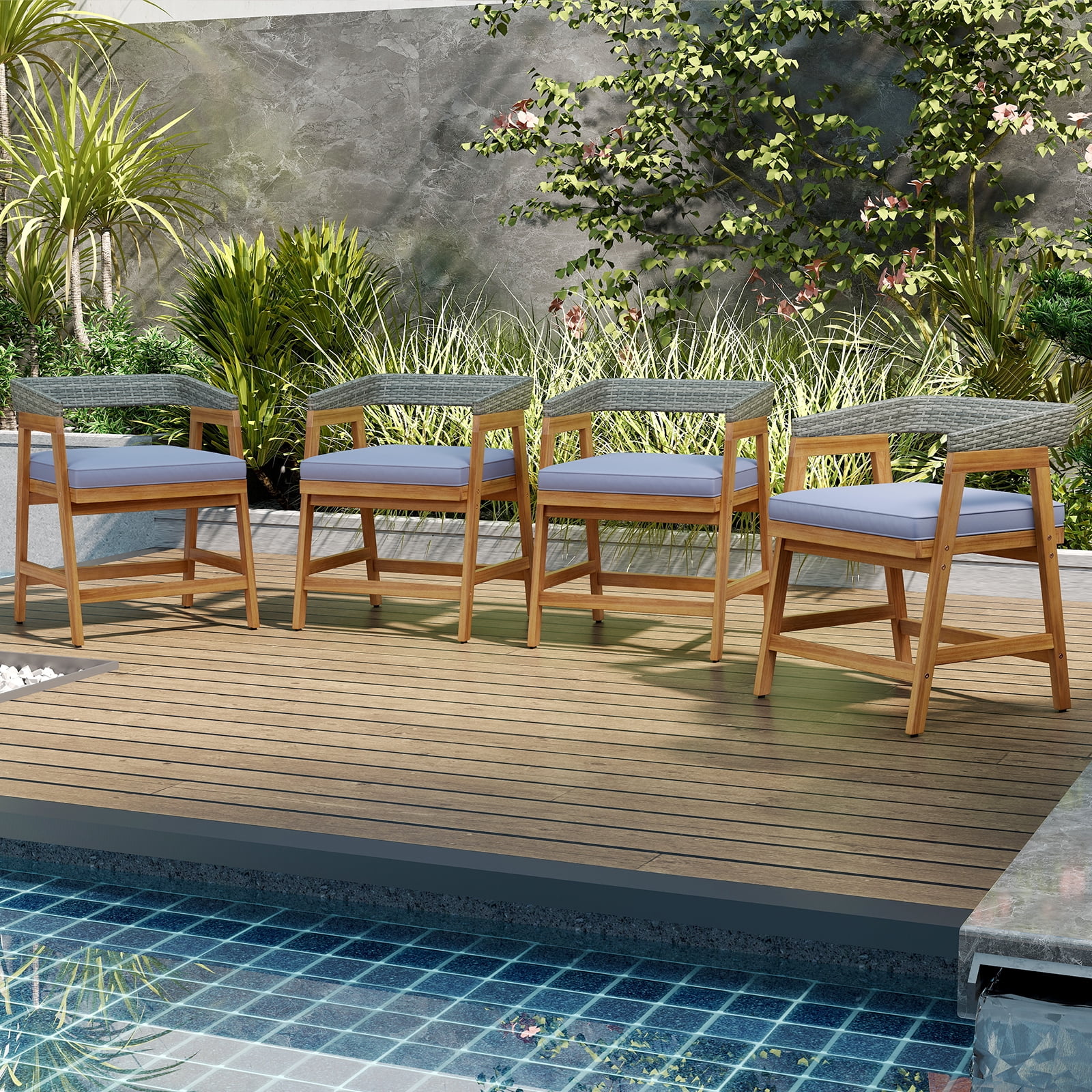 Costway Patio Chairs Set of 4 Outdoor Acacia Wood Dining Chairs with Cushions for Garden