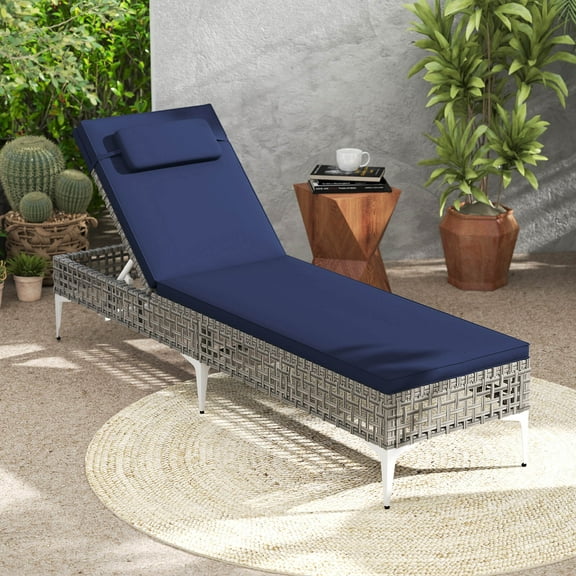 Costway 1 PCS Patio Chaise Lounge Chair with 6-Level Adjustable Backrest Removable Cushion Navy