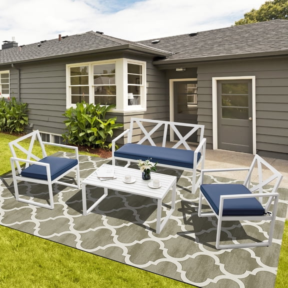 Costway Patio Conversation Sofa Set 4 Piece Steel with polyester sponge, White/Blue