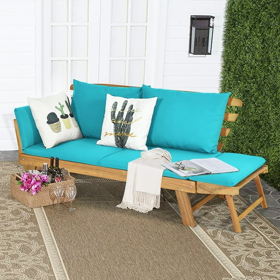 Costway Patio Convertible Sofa Daybed Solid Wood Adjustable Thick Cushion Turquoise