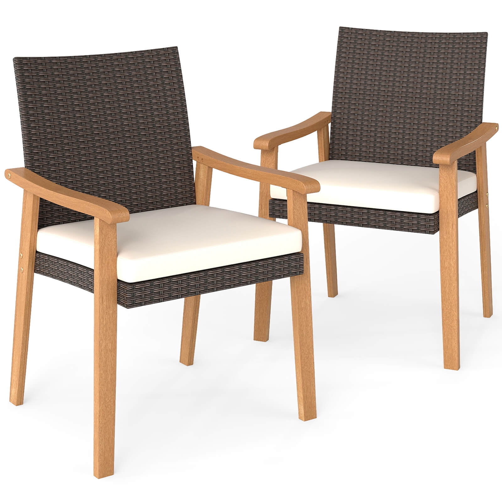 Costway Patio Dining Chair Set of 2 with Cushion Wood Armrests Metal Frame for Garden