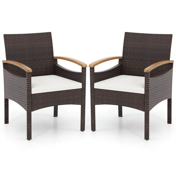 Costway Patio Dining Chairs Set of 2 with Acacia Wood Armrest Heavy Duty Metal Frame