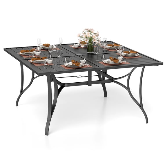 Costway Patio Dining Table for 8, 60 x 60 Square Metal Slat Table with Umbrella Hole