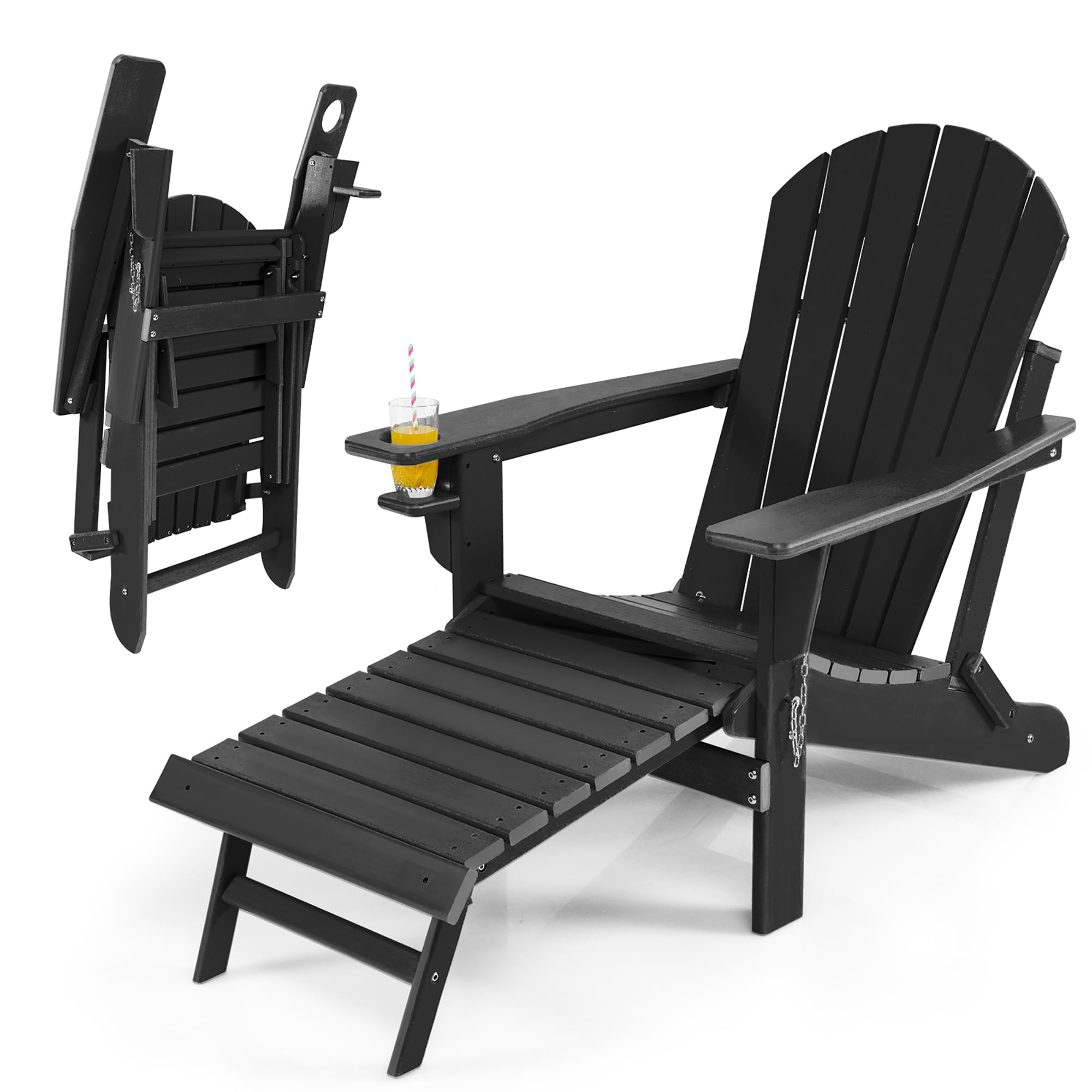 Costway Patio Folding Adirondack Chair HDPE AllWeather PullOut Ottoman Black