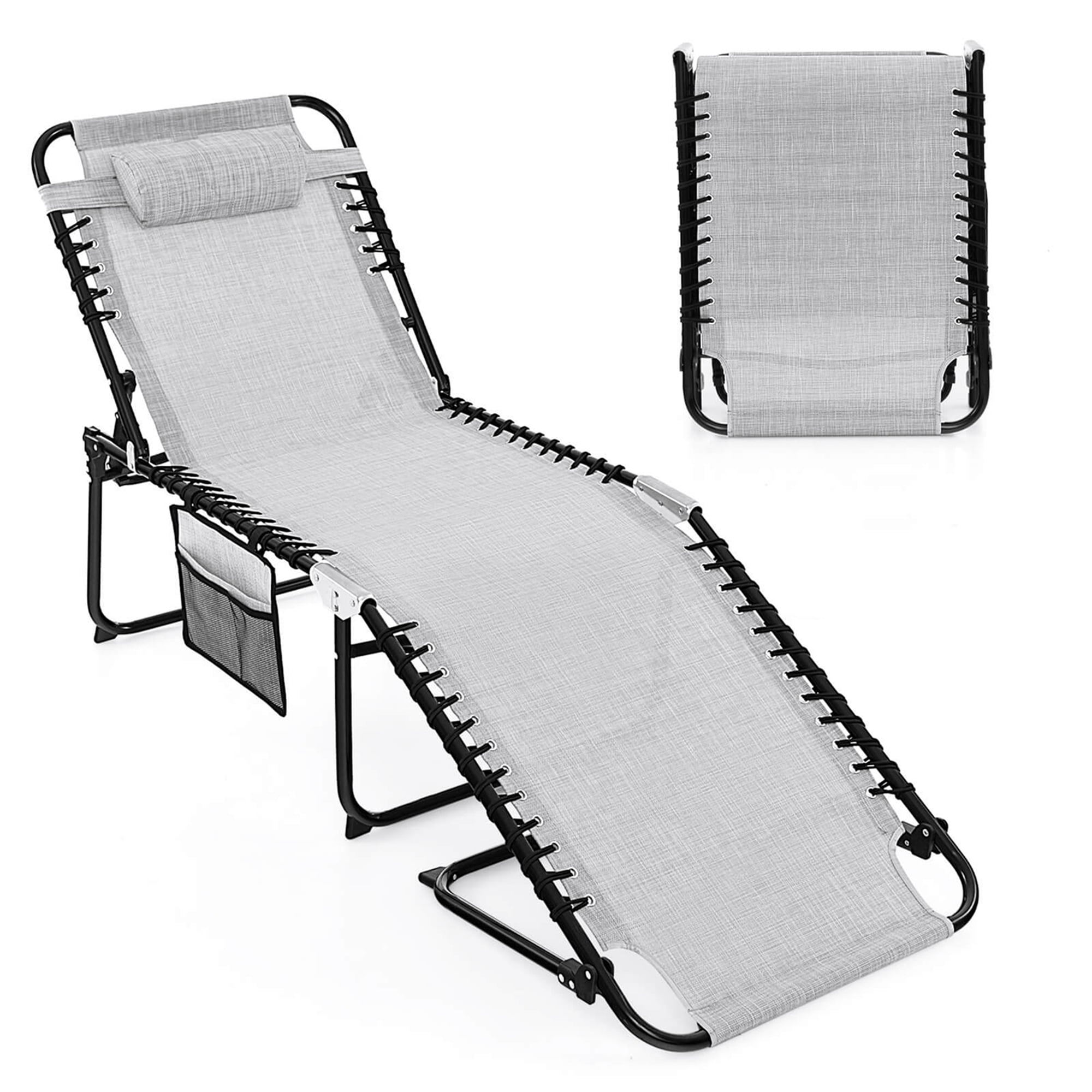 Gray Adjustable Folding Metal Outdoor Chaise Lounge Chair